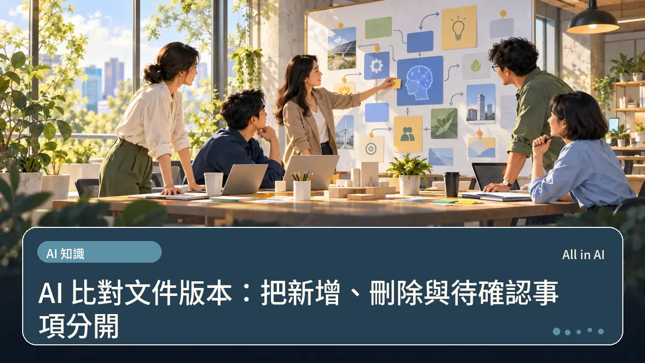 AI 比對文件版本：把新增、刪除與待確認事項分開主題插畫
