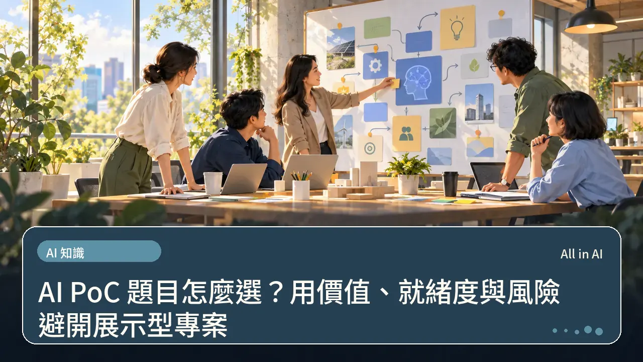 AI PoC 題目怎麼選？用價值、就緒度與風險避開展示型專案主題插畫