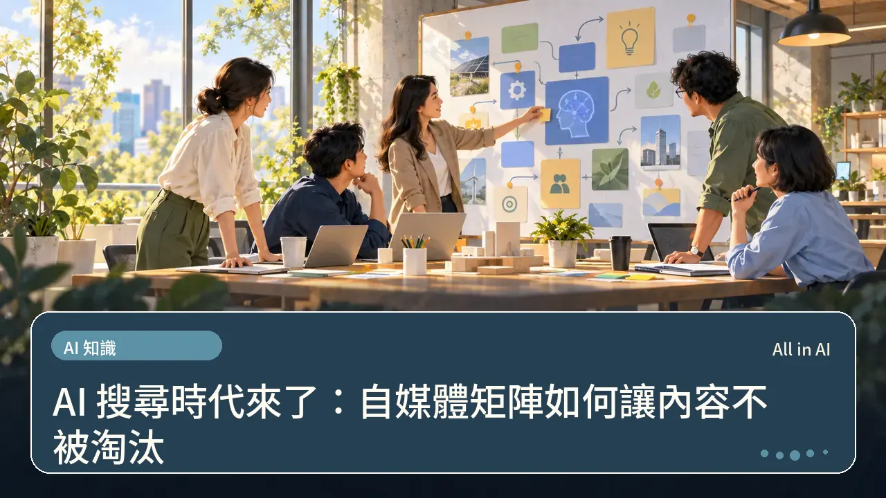 AI 搜尋時代來了:自媒體矩陣如何讓內容不被淘汰主題插畫