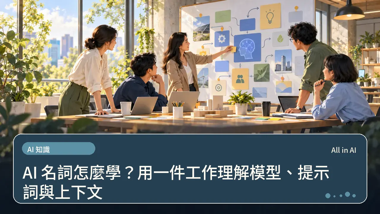 AI 名詞怎麼學？用一件工作理解模型、提示詞與上下文主題插畫