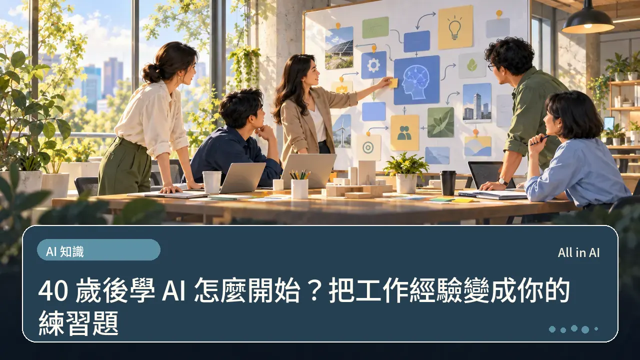 40 歲後學 AI 怎麼開始？把工作經驗變成你的練習題主題插畫