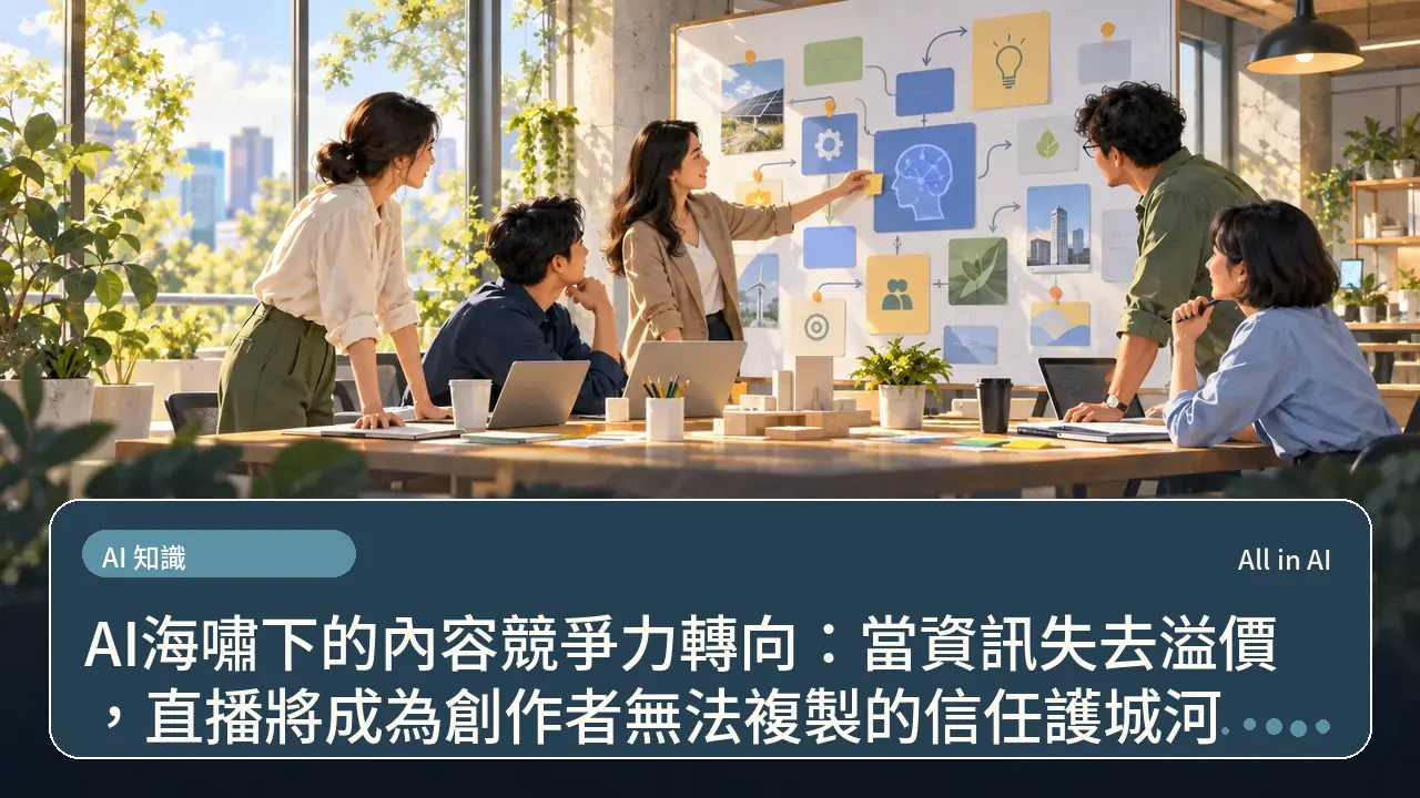 AI海嘯下的內容競爭力轉向：當資訊失去溢價，直播將成為創作者無法複製的信任護城河主題插畫