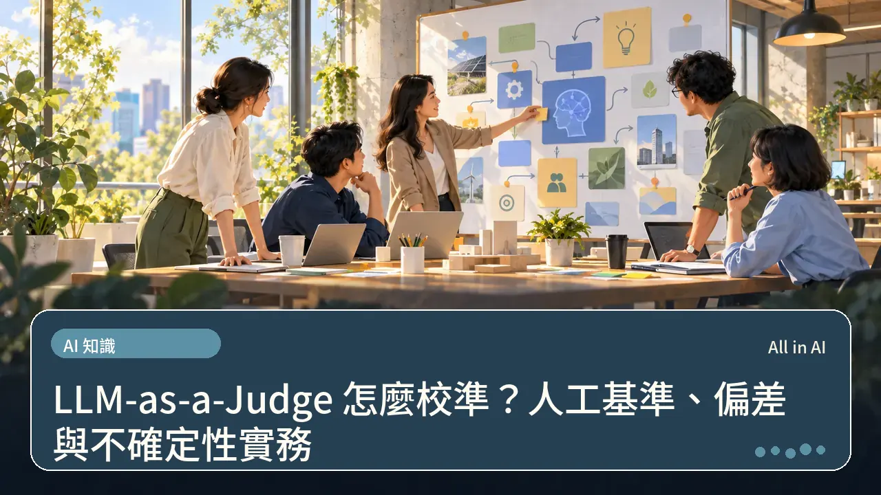 LLM-as-a-Judge 怎麼校準？人工基準、偏差與不確定性實務主題插畫