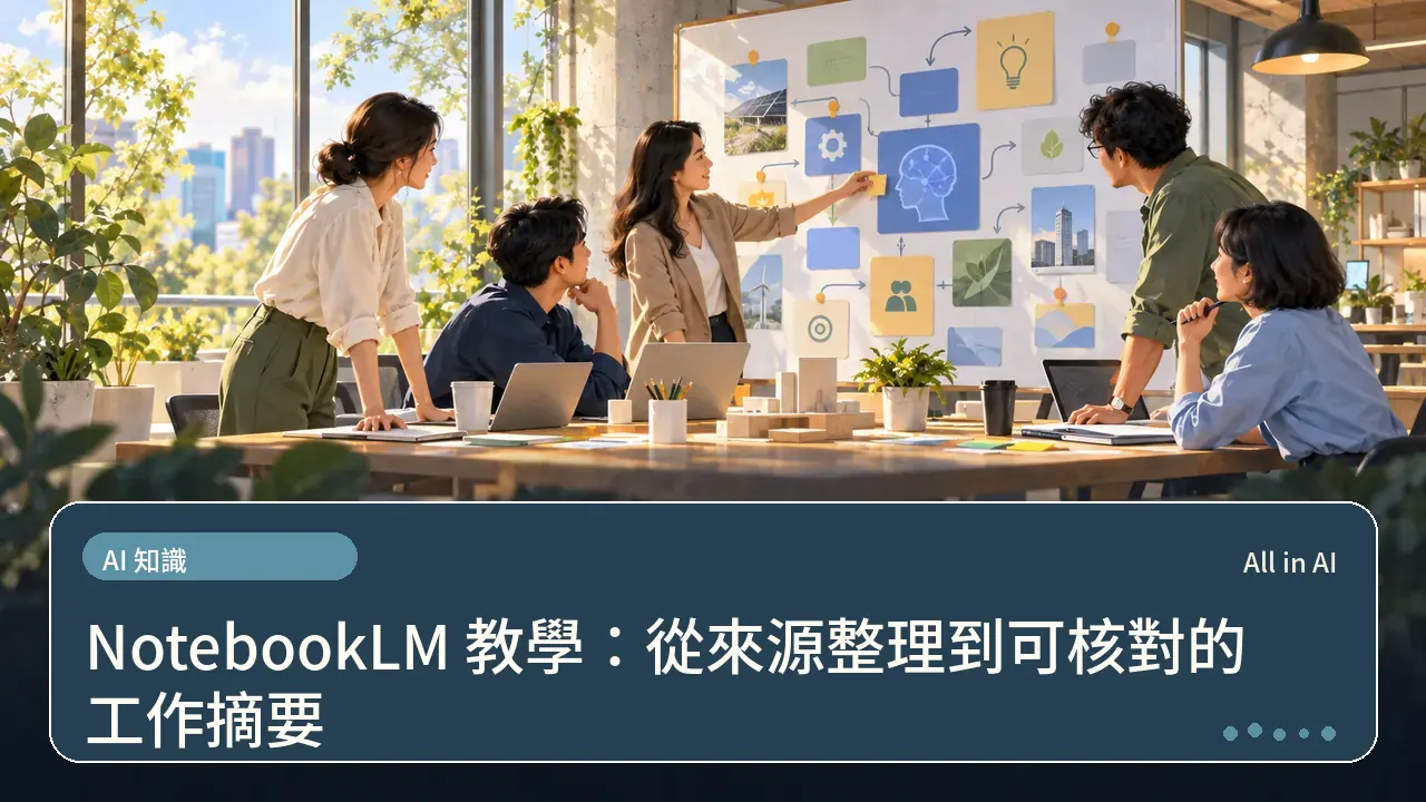 NotebookLM 教學：從來源整理到可核對的工作摘要主題插畫