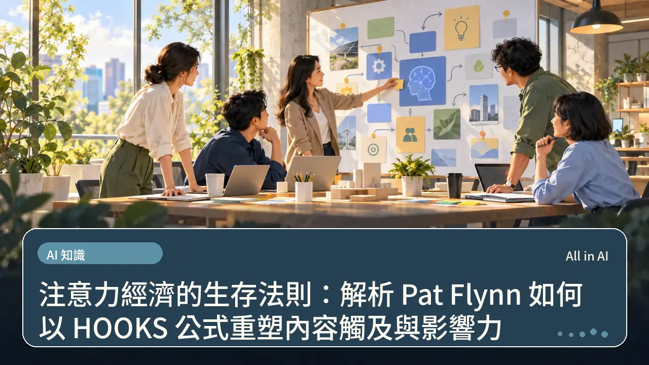 注意力經濟的生存法則：解析 Pat Flynn 如何以 HOOKS 公式重塑內容觸及與影響力主題插畫