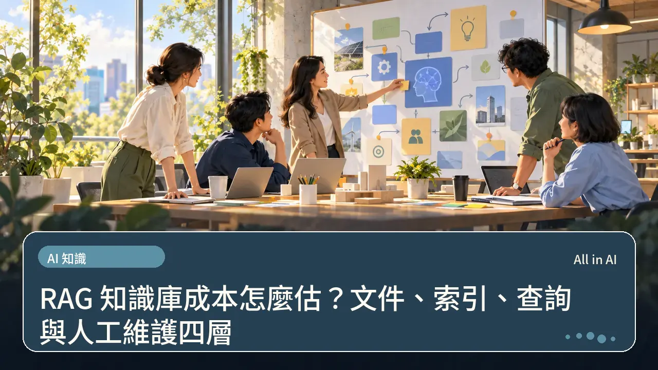 RAG 知識庫成本怎麼估？文件、索引、查詢與人工維護四層主題插畫