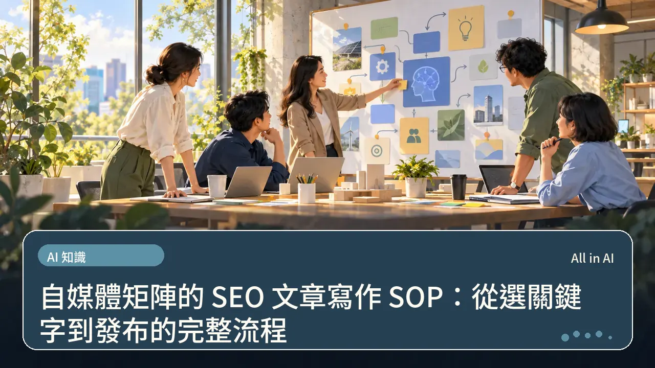 自媒體矩陣的 SEO 文章寫作 SOP:從選關鍵字到發布的完整流程主題插畫