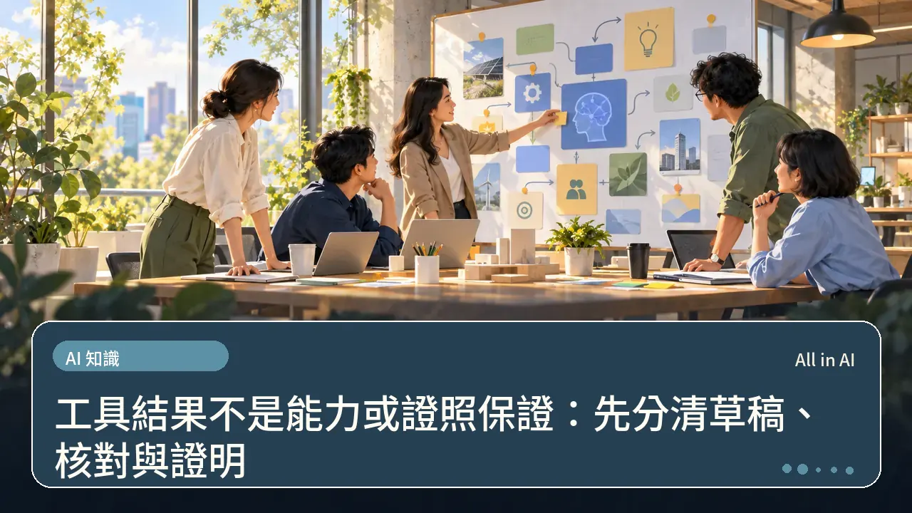 工具結果不是能力或證照保證：先分清草稿、核對與證明主題插畫