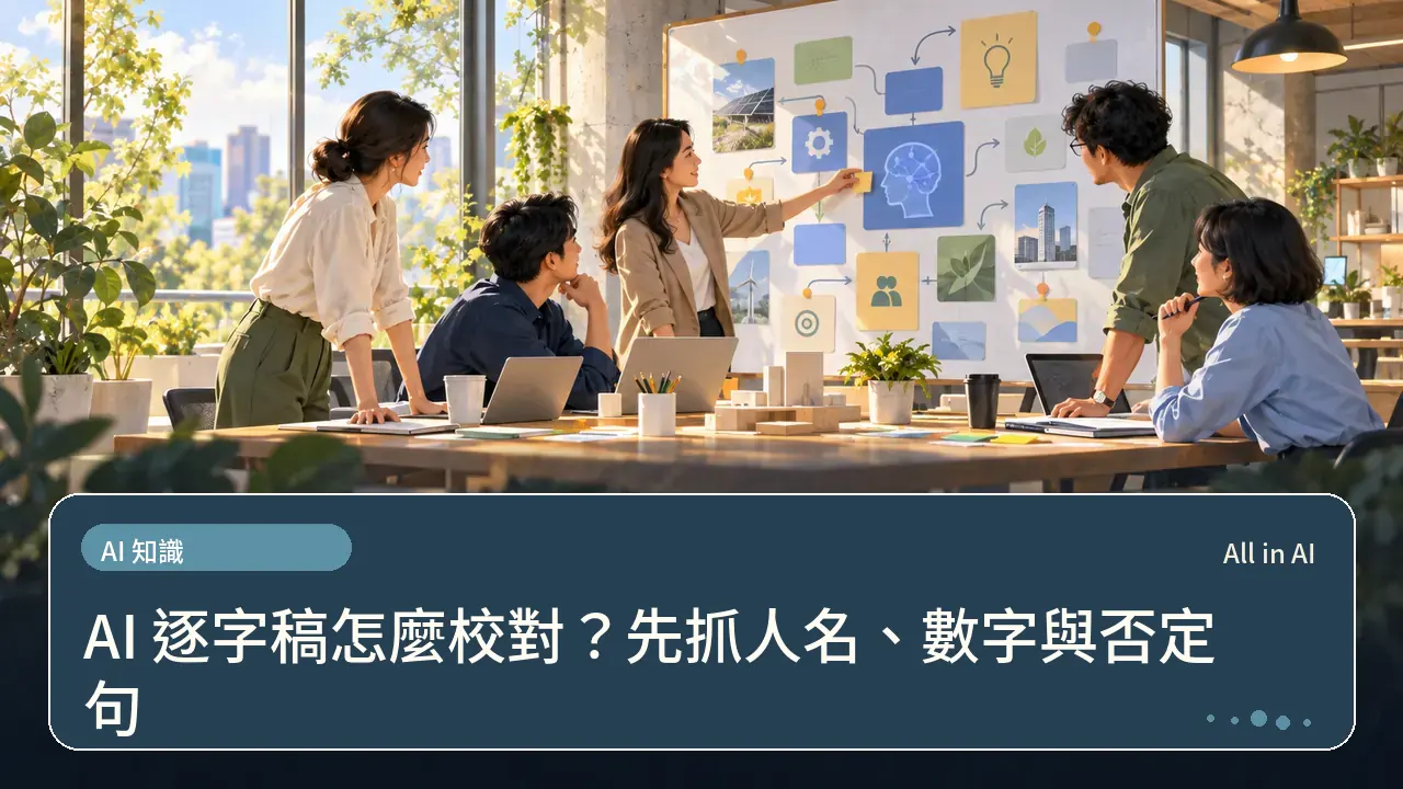 AI 逐字稿怎麼校對？先抓人名、數字與否定句主題插畫